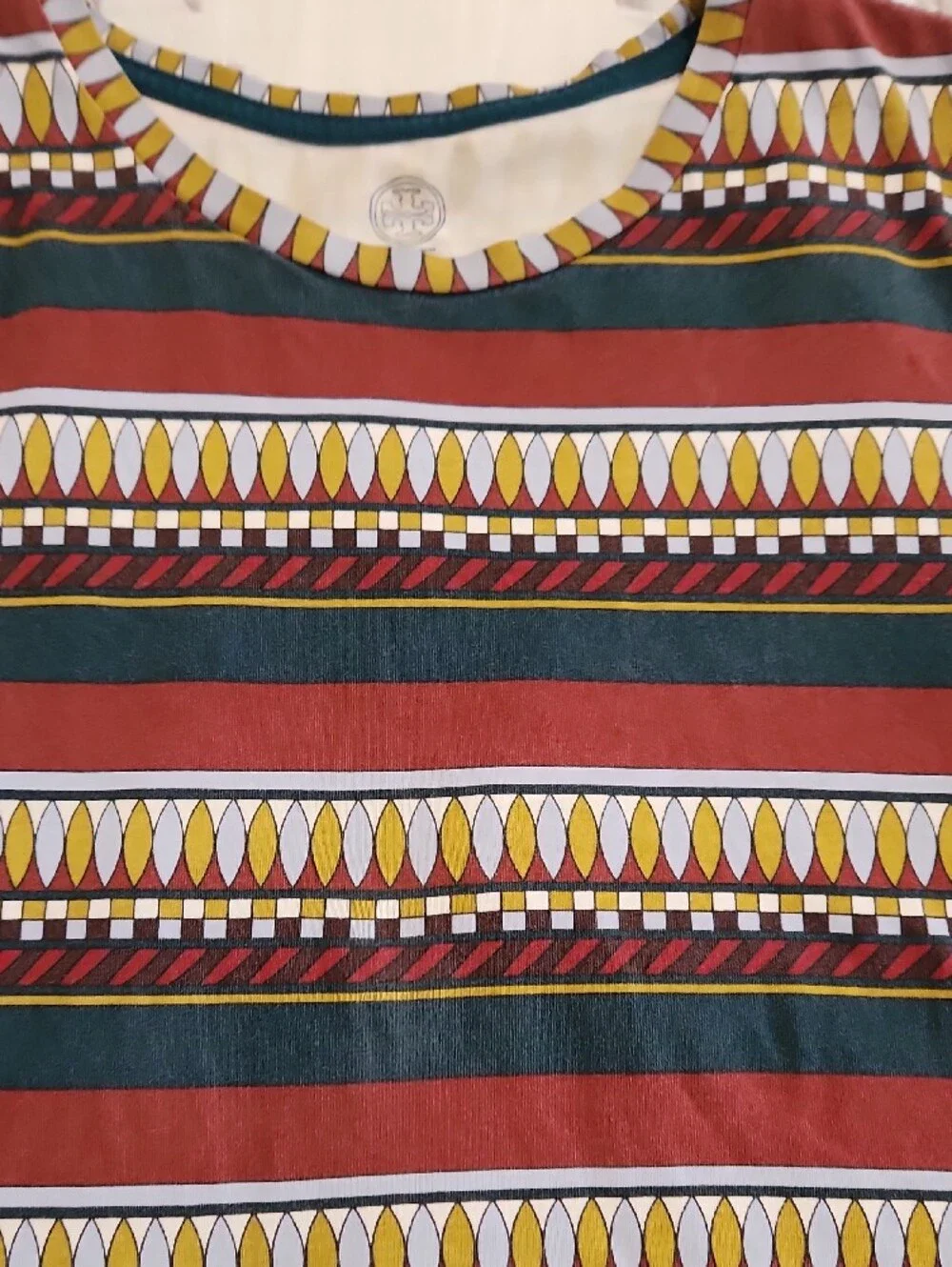Tory Burch Short-Sleeve Geo Stripe Tee in Maroon, Teal & Yellow